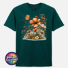 Copper, peach and cream wildflowers with delicate grasses and an orange butterfly printed on a unisex T-shirt marine green - Print Unleashed