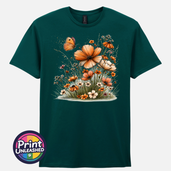 Wildflowers marine Copper, peach and cream wildflowers with delicate grasses and an orange butterfly printed on a unisex T-shirt marine green - Print Unleashed