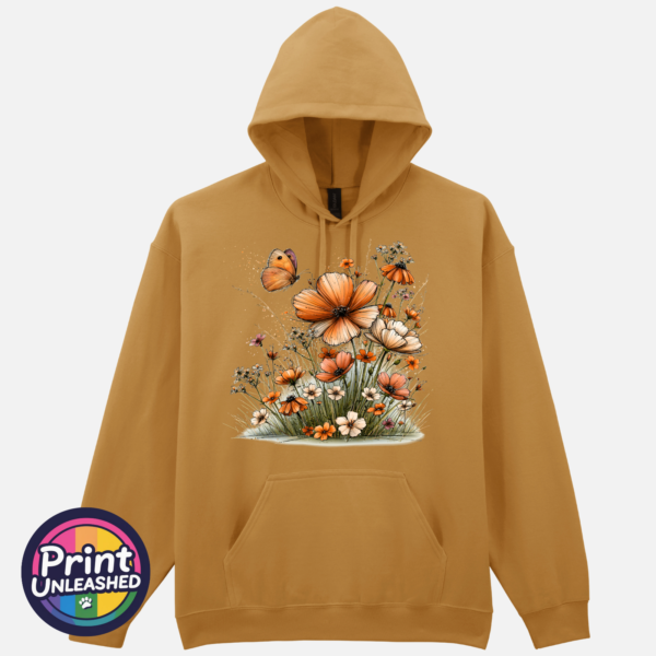 Copper, peach and cream wildflowers with delicate grasses and an orange butterfly printed on a softstyle hoodie in mustard - Print Unleashed