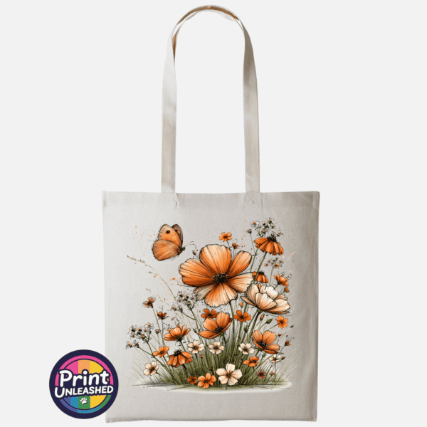 Copper, peach and cream wildflowers with delicate grasses and an orange butterfly printed on a tote bag natural - Print Unleashed