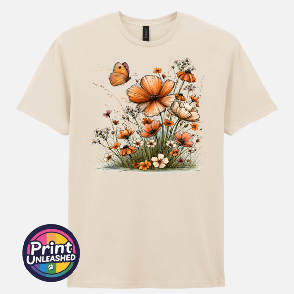 Wildflowers natural Copper, peach and cream wildflowers with delicate grasses and an orange butterfly printed on a unisex T-shirt natural - Print Unleashed