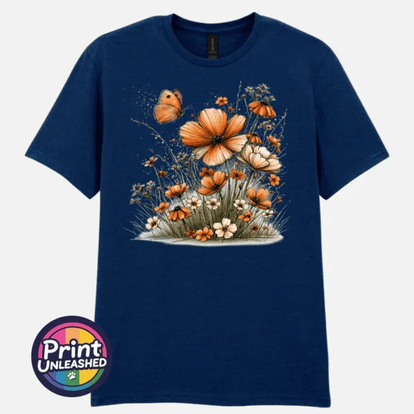 Wildflowers navy Copper, peach and cream wildflowers with delicate grasses and an orange butterfly printed on a navy unisex T-shirt - Print Unleashed