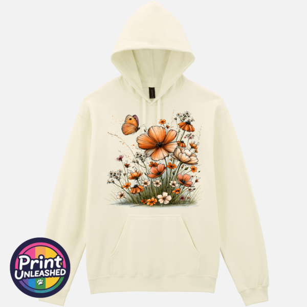 Copper, peach and cream wildflowers with delicate grasses and an orange butterfly printed on a softstyle hoodie in off white - Print Unleashed