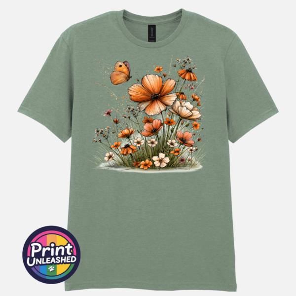 Wildflowers sage Copper, peach and cream wildflowers with delicate grasses and an orange butterfly printed on a unisex T-shirt sage - Print Unleashed