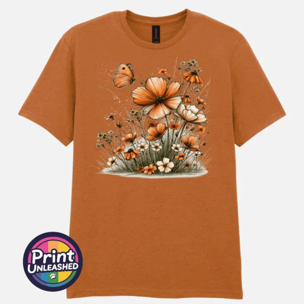 Wildflowers texas orange Copper, peach and cream wildflowers with delicate grasses and an orange butterfly printed on a unisex T-shirt texas orange - Print Unleashed