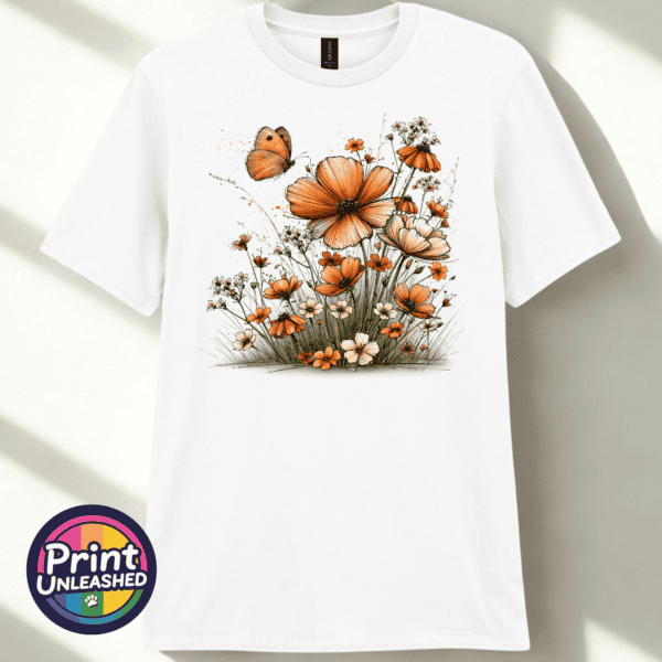 Wildflowers white Copper, peach and cream wildflowers with delicate grasses and an orange butterfly printed on a white unisex T-shirt - Print Unleashed