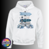 Snow-covered signpost pointing to Winter Wonderland, Frosty’s Freeze, Silver Bell Lane and the Ice Palace, with blue and silver decorations, printed on a white unisex hoodie - Print Unleashed