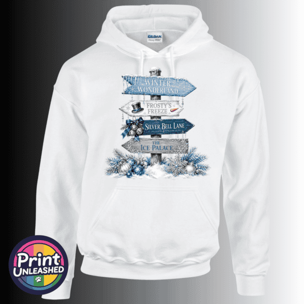 Winter Wonderland hoodie Snow-covered signpost pointing to Winter Wonderland, Frosty’s Freeze, Silver Bell Lane and the Ice Palace, with blue and silver decorations, printed on a white unisex hoodie - Print Unleashed