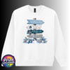 Snow-covered signpost pointing to Winter Wonderland, Frosty’s Freeze, Silver Bell Lane and the Ice Palace, with blue and silver decorations, printed on a white unisex sweatshirt - Print Unleashed