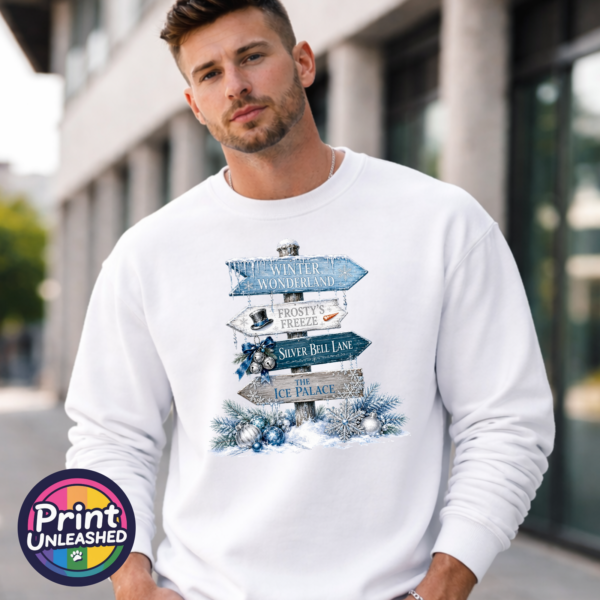 Snow-covered signpost pointing to Winter Wonderland, Frosty’s Freeze, Silver Bell Lane and the Ice Palace, with blue and silver decorations, printed on a white unisex sweatshirt male model - Print Unleashed