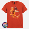 Wolf in profile with a golden eye and fur blending into red, orange and golden autumn leaves on a unisex T-shirt antique orange - Print Unleashed