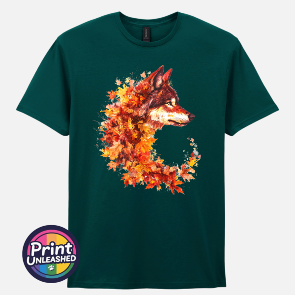 Wold marine Wolf in profile with a golden eye and fur blending into red, orange and golden autumn leaves on a unisex T-shirt marine - Print Unleashed