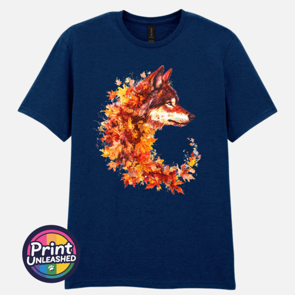 Wold navy Wolf in profile with a golden eye and fur blending into red, orange and golden autumn leaves on a unisex T-shirt navy - Print Unleashed