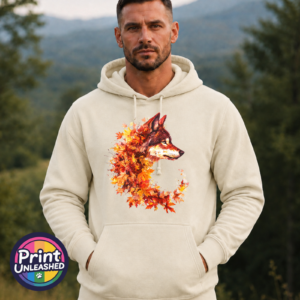 Wolf in profile with a golden eye and fur blending into red, orange and golden autumn leaves on a softstyle hoodie model - Print Unleashed