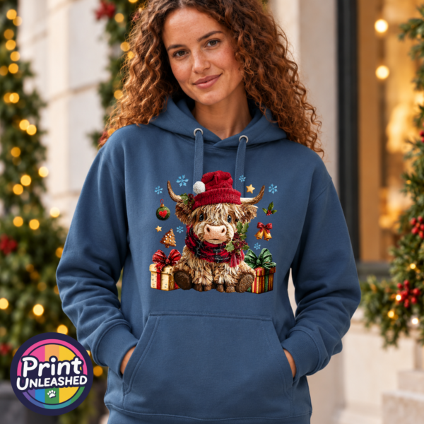 Model wearing a Classic Hoodie featuring a fluffy Highland calf in a red Christmas hat and checked scarf, surrounded by presents and festive decorations, female model - Print Unleashed