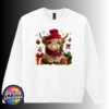 Yarn-style Highland cow wearing a red hat and checked scarf, surrounded by presents, holly, bells and snowflakes, printed on a white unisex sweatshirt - Print Unleashed