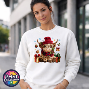 Yarn-style Highland cow wearing a red hat and checked scarf, surrounded by presents, holly, bells and snowflakes, printed on a white unisex sweatshirt female model - Print Unleashed