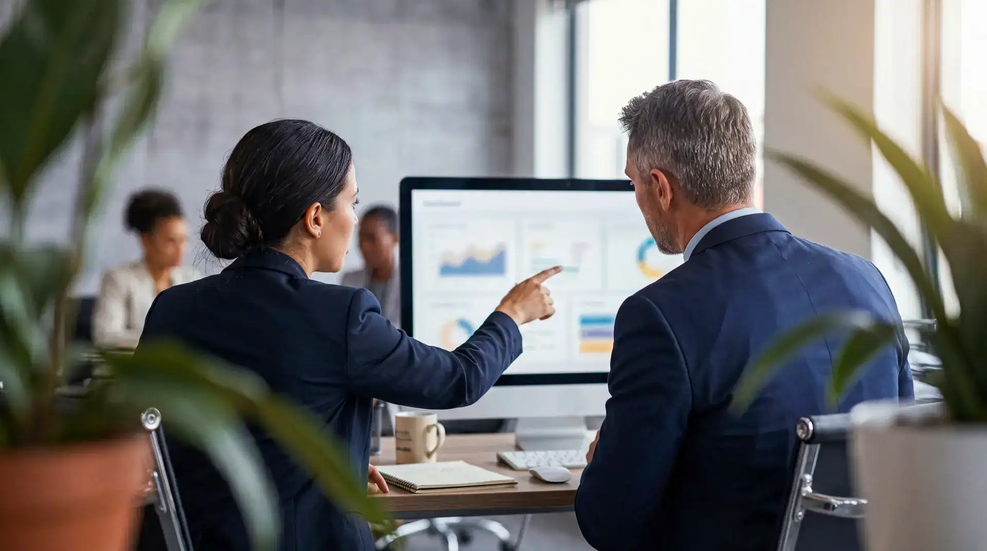 Two professionals analyzing data on a computer screen in a modern office.