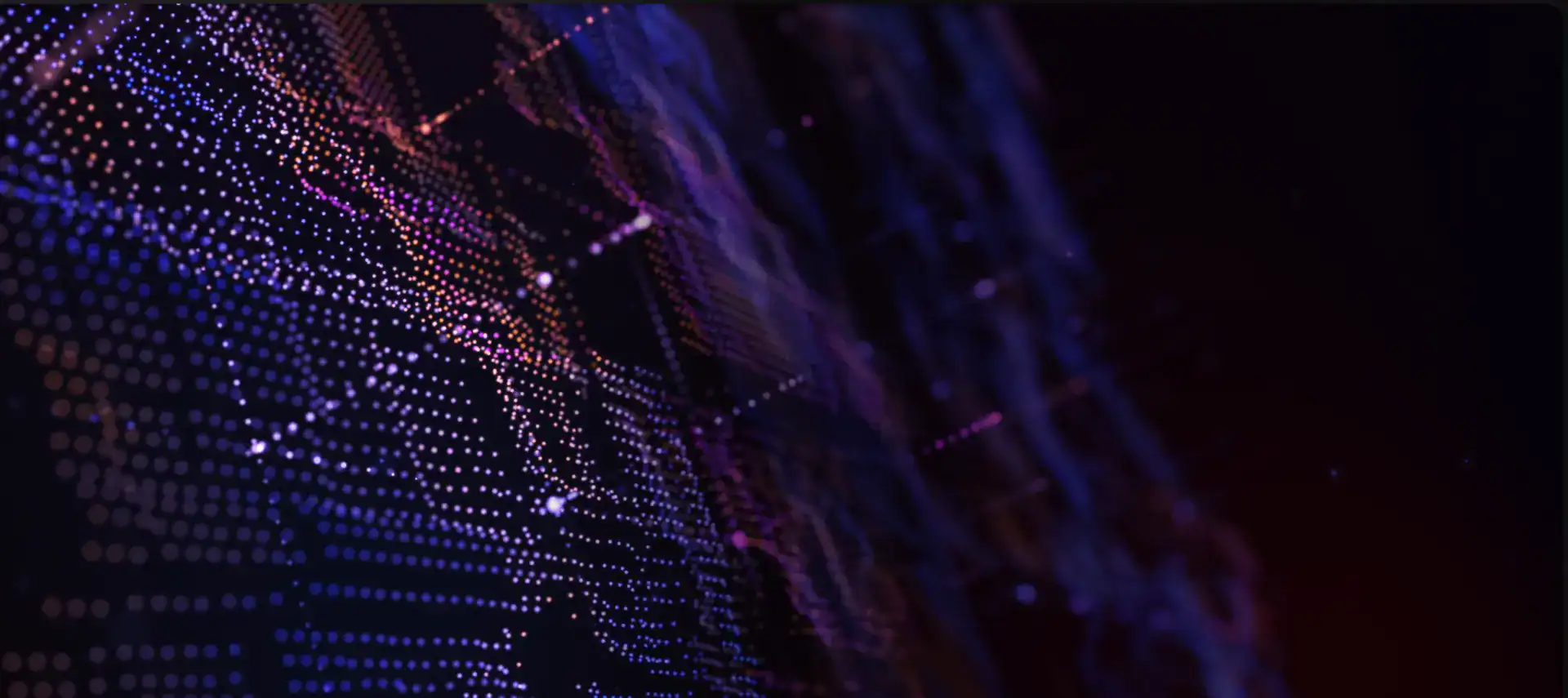 Futuristic digital data network with glowing dots and lines in purple and blue.