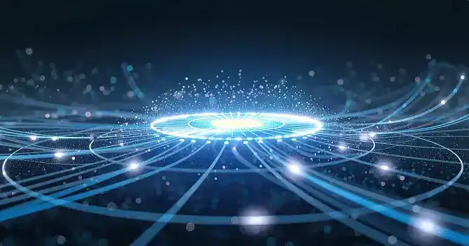 Digital network with glowing lines and particles representing connectivity.