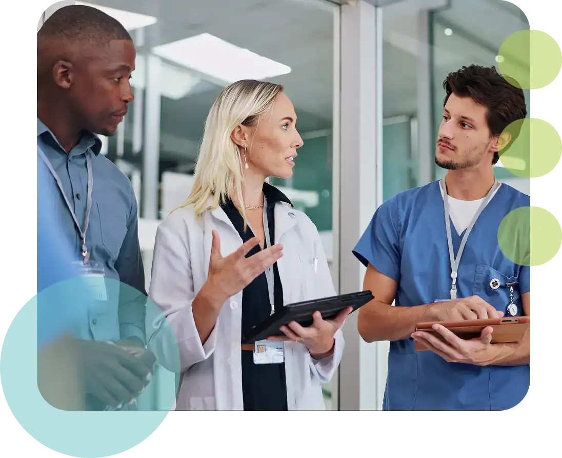 Medical team discussing patient care in a hospital setting.
