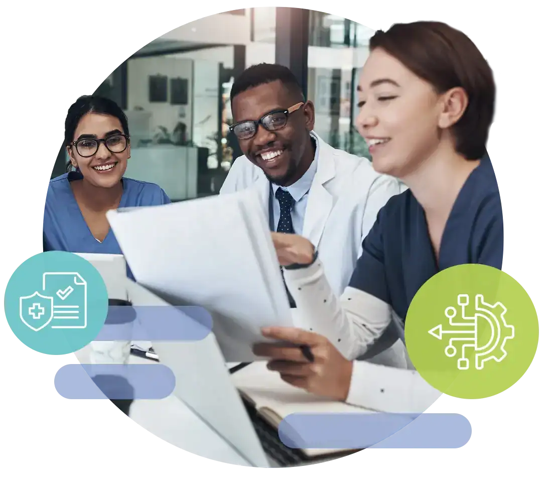 Diverse healthcare professionals discussing patient care in a modern clinic.