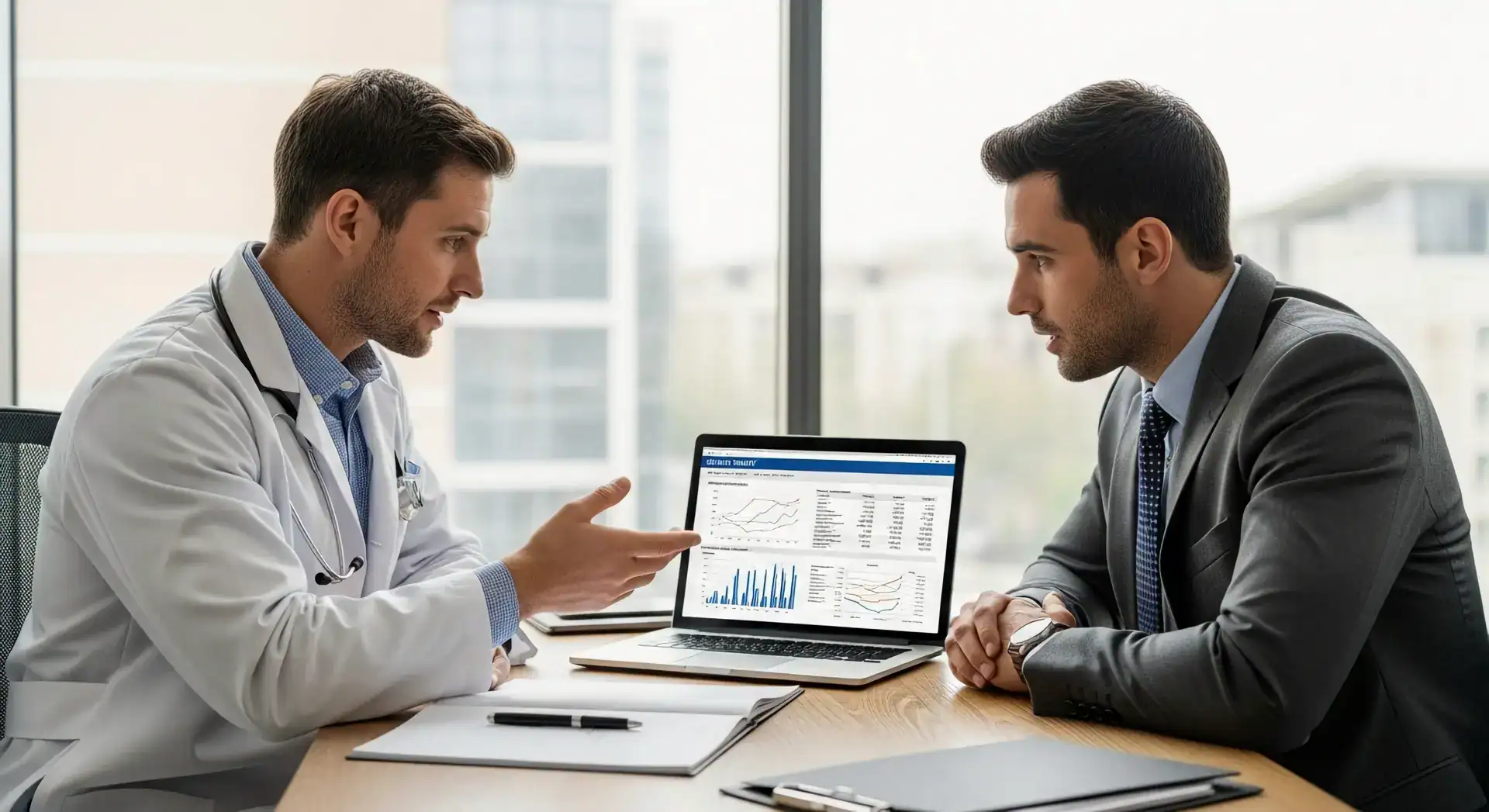 Doctors discussing patient data and analytics in a professional setting.