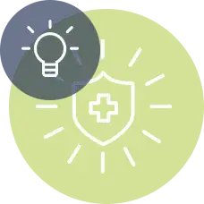 Medical shield icon with a plus sign and light bulb for health innovation.