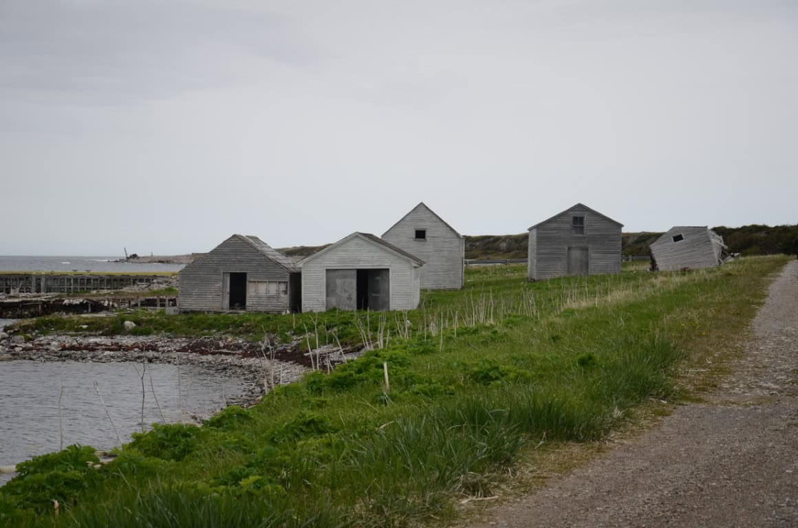 Abandoned wooden houses in a Newfoundland ghost town by the water.