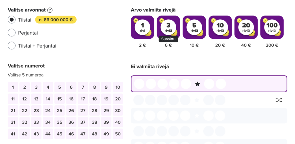 Eurojackpotin valintanäkymä, jossa pelaaja voi valita arvontapäivän, rivejä 1–100, ja syöttää numerot. Esimerkkinä tiistain arvonta 86 miljoonan euron jättipotilla. 3 riviä painike näyttää korostetulta "Suosittu" merkinnän takia.  