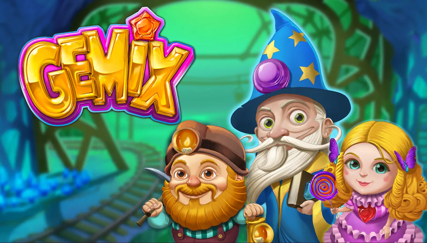 Gemix-pelin kuva, jossa näkyy kirkkaiden jalokivien grafiikkaa ja symbolisia elementtejä.