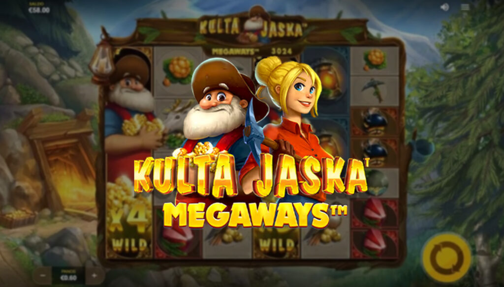 Suomalainen Kulta-Jaska Megaways. Tunnushahmoina Jaska ja Emma.
