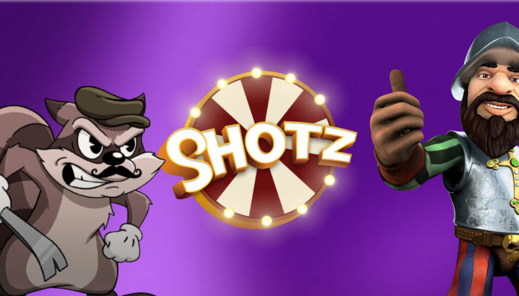 Kuvassa Shotz nettikasino, ja Le Bandit sekä Gonzo's Quest hedelmäpelihahmot.