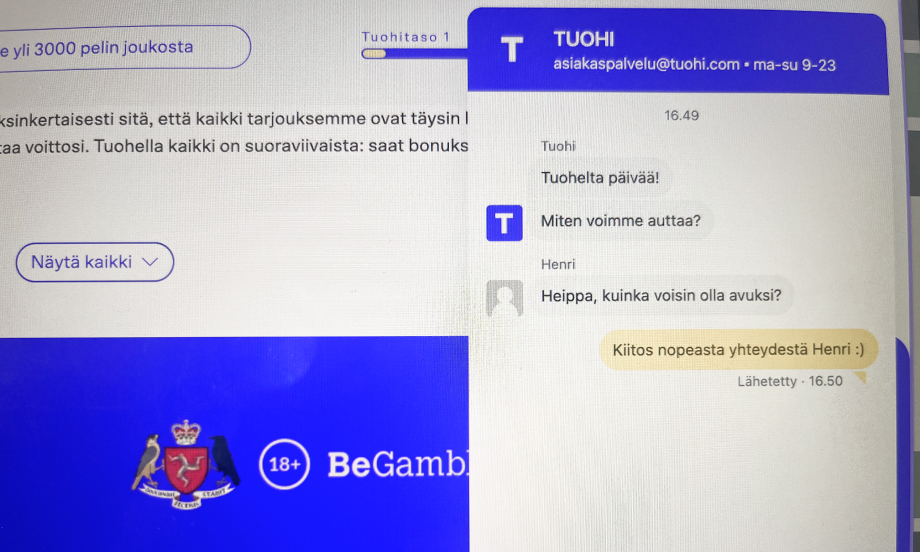 Kuva Tuohi Casinon asiakaspalvelusta Rahapelisanomien testissä.