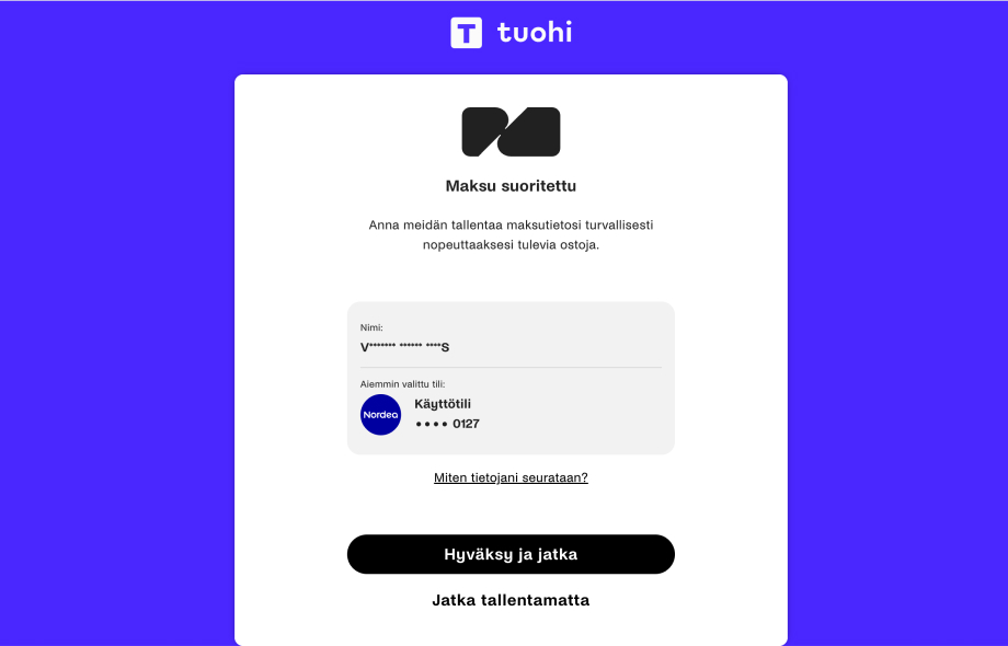 Kuvassa Rahapelisanomien Tuohi Casino Nordea talletus ja tunnistautuminen. Kasino ilmoittaa että maksu on suoritettu.