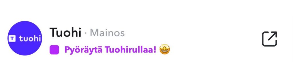 Tuohi mainos Snapchatissa kutsuu pyöräyttämään Tuohirullaa tähtihymy-emojin kera.