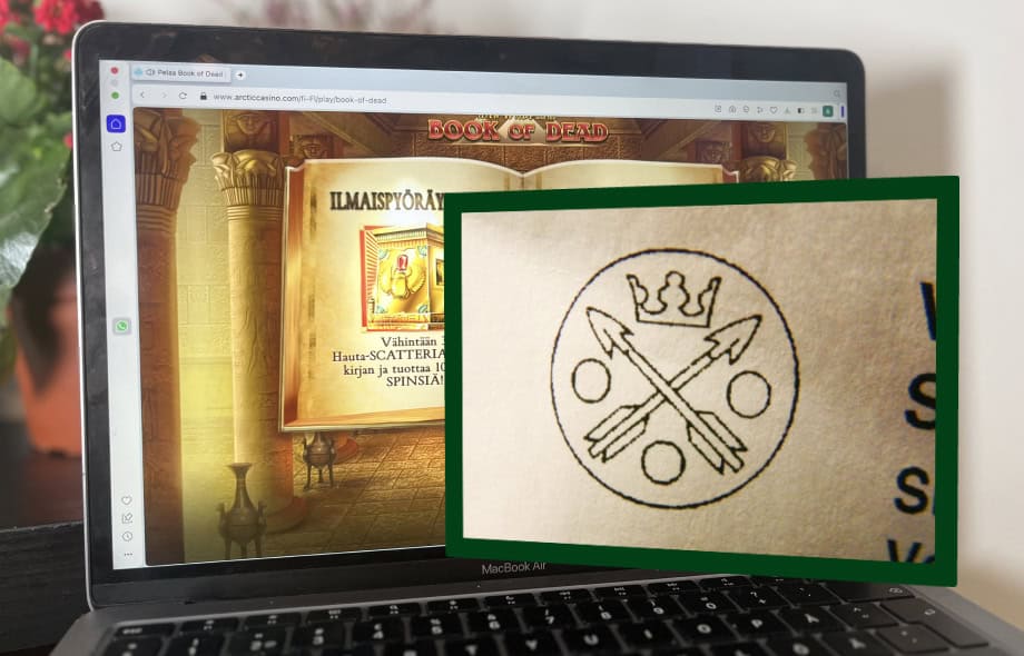 Kuvassa näkyy tietokoneella auki Nettikasino ja Book of Dead hedelmäpeli. Etualalla kirje Verovirastolta.