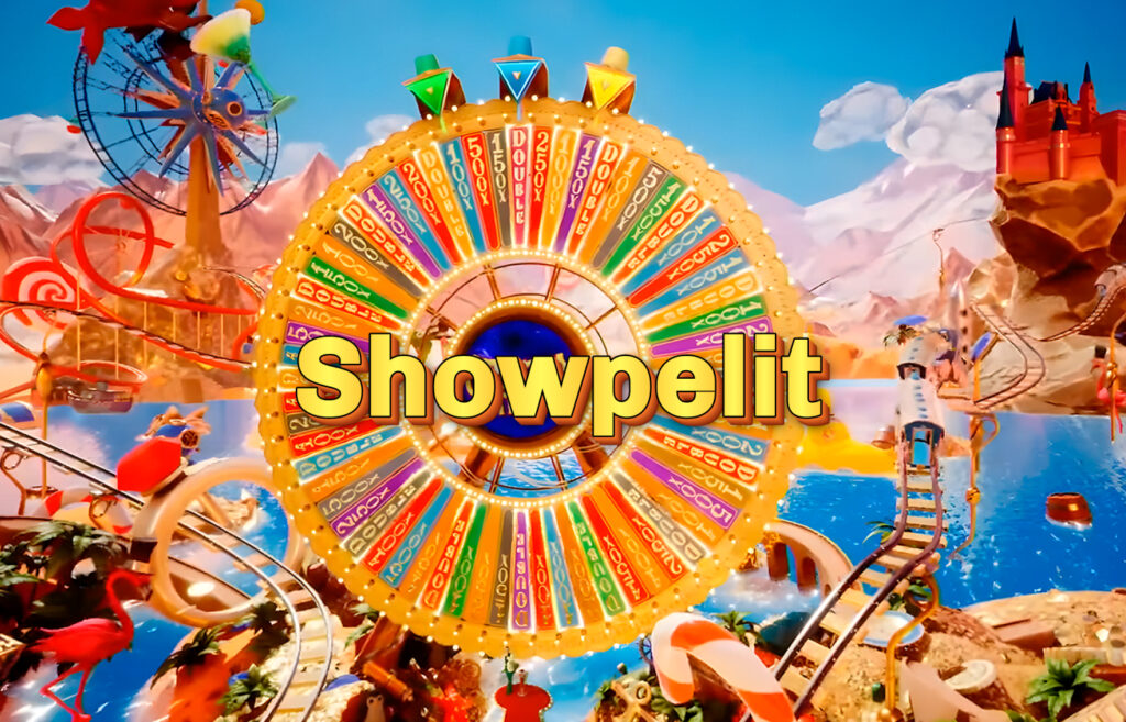Värikäs onnenpyörä showpelistä, tekstinä "Showpelit" – viittaa viihteellisiin livekasinopeleihin kuten Crazy Time ja Monopoly Live.

