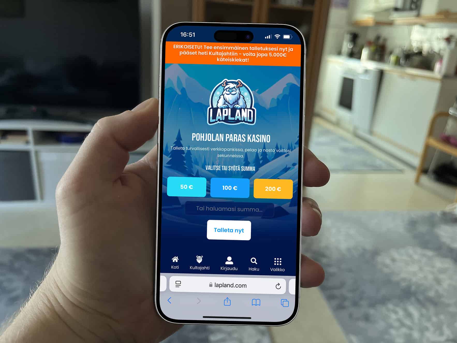 Kuvassa näkyy suomalainen kasino Lapland Casino puhelimen näytöllä. Etusivulla valitaan talletussumma ja tunnistaudutaan verkkopankissa ilman rekisteröitymistä.
