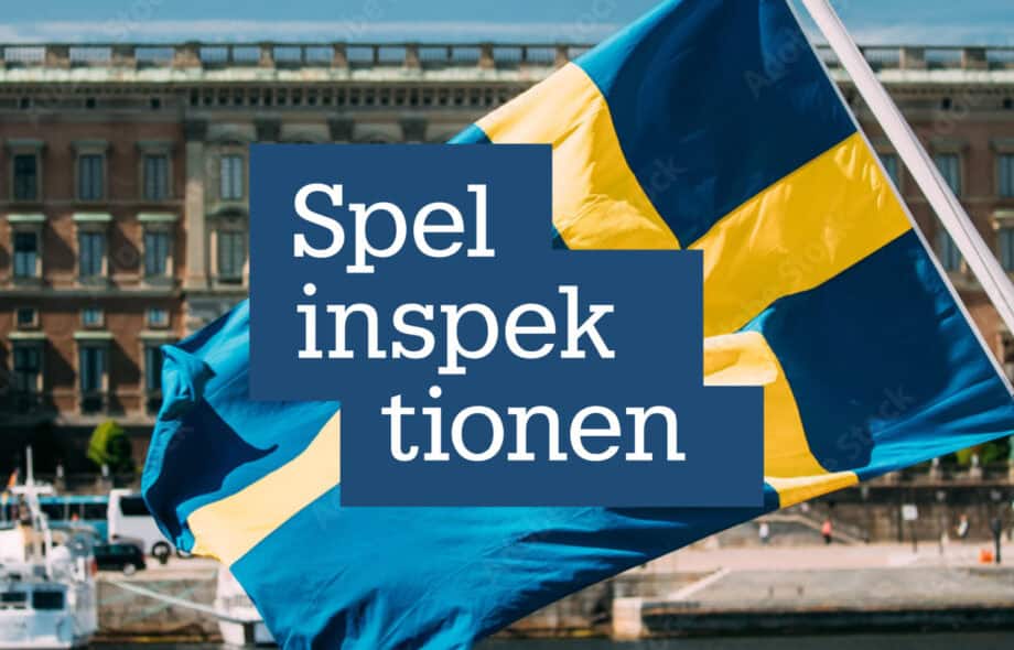 Kuvassa näkyy Spelinspektion valvontaviranomaisen logo etualalla, Ruotsin lippu ja Tukholmaa taustalla.