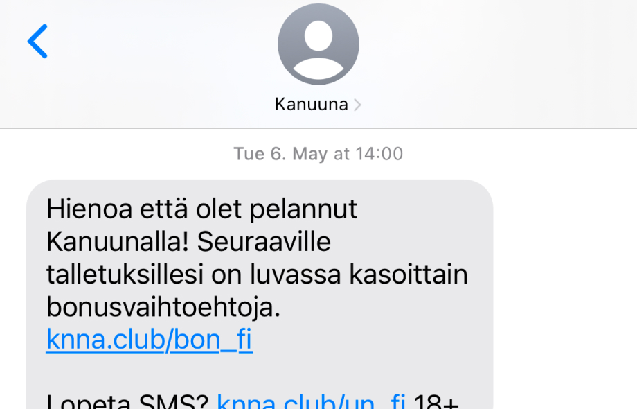 Kanuuna Casinon lähettämä tekstiviesti, jossa luvataan bonusvaihtoehtoja seuraaville talletuksille