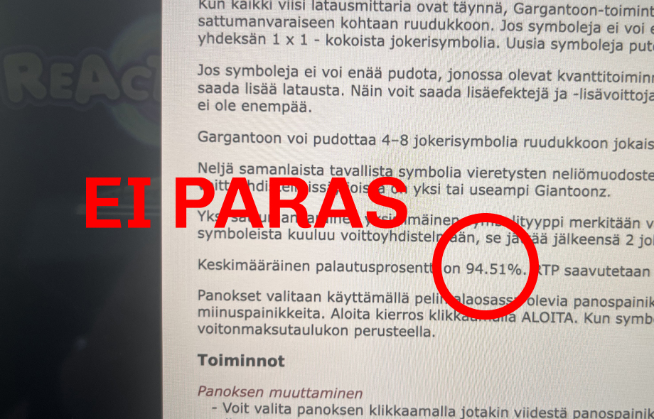 Kuva näyttää Ninja Casinon Reactoonz pelin palautusprosentin.