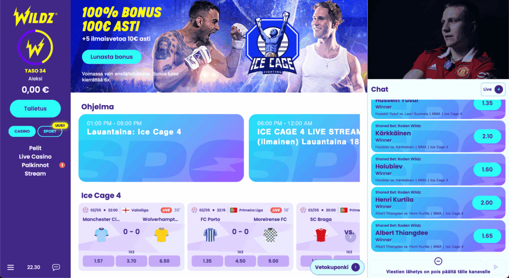 Wildz vedonlyönnin Ice Cage 4 alasivu, missä näkyy auki oleva stream (Theo Kolehmainen haastattelussa). Lisäksi eri veikkausvaihtoehtoja Ice Cage 4 tapahtumaan. Ylälaidassa näkyy myös Makwan Amirkhani ja Stagala, sekä mainosteksti vedonlyöntibonuksesta. Streamin alapuolella näkyy "Shared bets" missä betting onnistuu yhdessä muiden pelaajien kanssa.