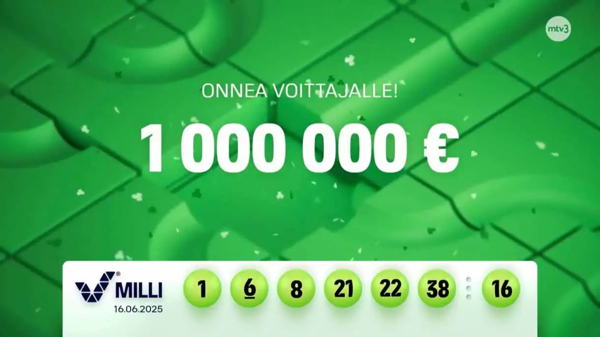 Kuvassa Milli-tulosten päävoitto ja voittava rivi. Veikkaus Milli-logo ja Veikkauksen onnentoivotus päävoittajalle. Miljoona euroa näkyy isolla keskellä. Näkyvä päivämäärä (16.06.2025) paljastaa että tässä oli kyseessä Millin ensimmäinen päävoitto.
