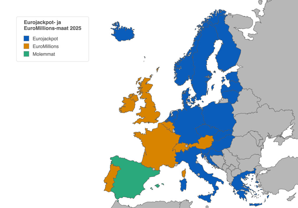 Rahapelisanomoat kartta näyttää mitkä maat Euroopassa ovat mukana Eurojackpot ja mitkä EuroMillions. Espanja taas on molemmissa.