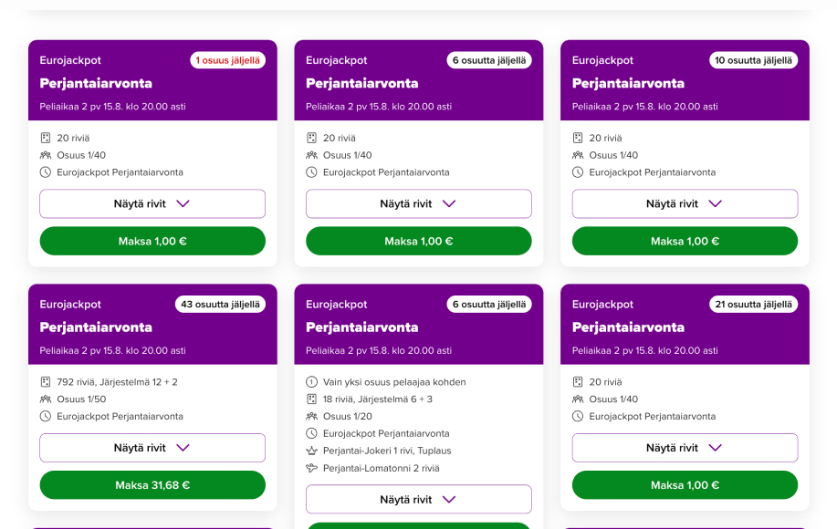 Kuvassa Eurojackpot-porukkakuponkeja mitä voi ostaa Veikkauksen nettikasinolta.