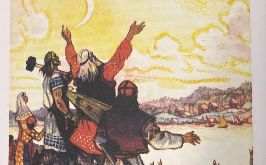 Kalevalan kansa riemuitsee Louhen palautettua taivaanvalot. Nikolai Kocerginin kuvitusta Kalevalan kuvitusta kokoelmakirjasta.