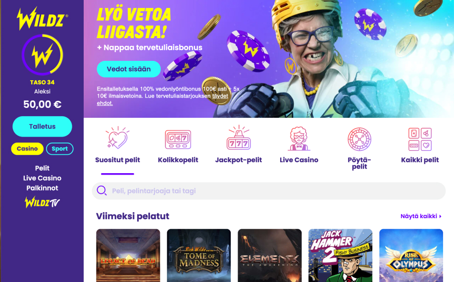 Kuvankaappauksessa Rahapelisanomat-Aleksi kirjautunut sisälle Wildz-Casinolle. Saldo 50 euroa.