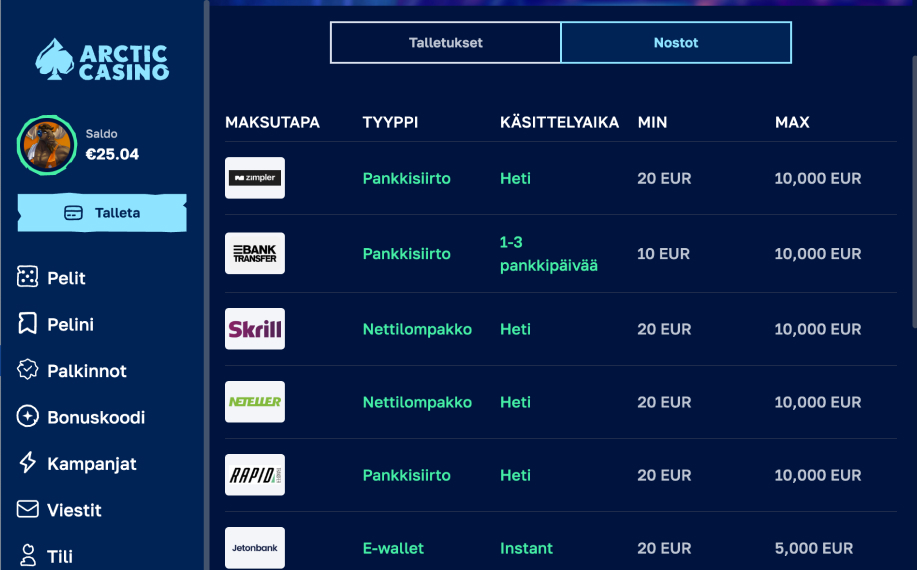 Arctic Casino Zimpler on nopein maksutapa nostoihin. Käsittelyaika merkattu "heti".