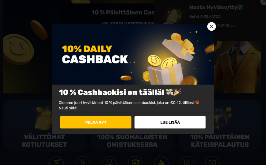 Onnela Kasino on antanut Rahapelisanomat testaajalle 0,42 € käteispalautuksen.